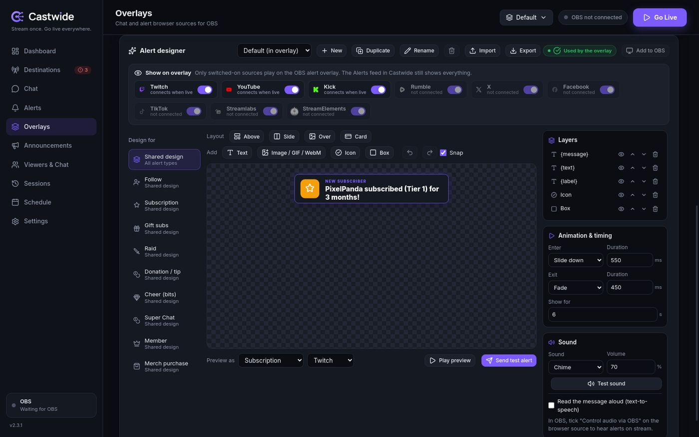 The alert designer: a new subscriber alert on a preview canvas with layers, animation and sound settings.