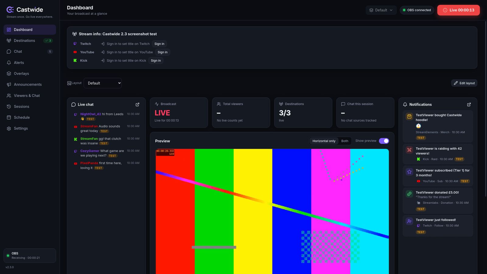 The Castwide dashboard while live: live chat from several platforms, the stream preview and alert notifications.
