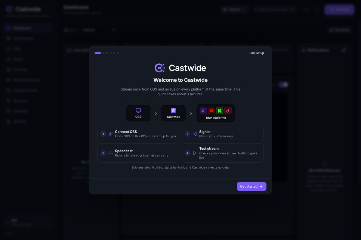 The setup guide welcome screen: Connect OBS, Sign in, Speed test and Test stream.